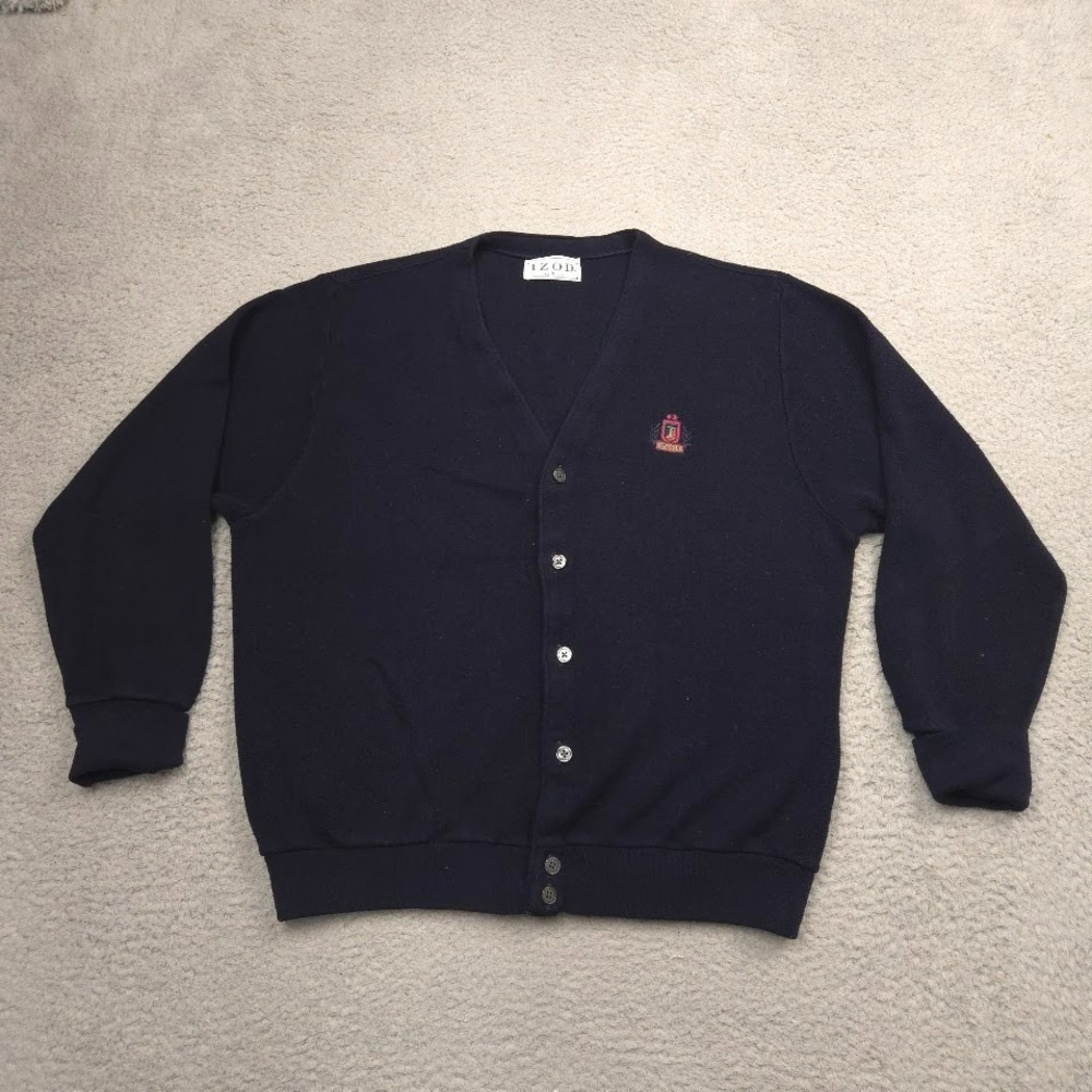 IZOD Cardigan Sweater Mens Large Button Front Acrylic Navy Long Sleeve Made USA